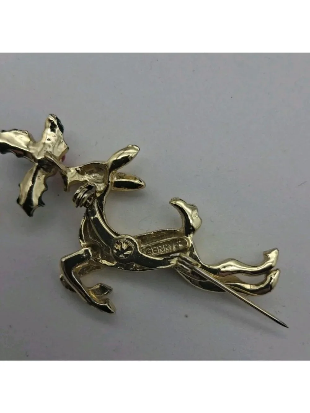Vtg Reindeer Holly Brooch Pin Enamel Goldtone Jumping Rhinestone Christmas Gerry